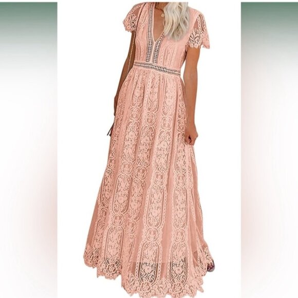 Peach Bohemian Boho Lace V-Neck Maxi Dress Photo Shoot Size Small‎ - Picture 2 of 13